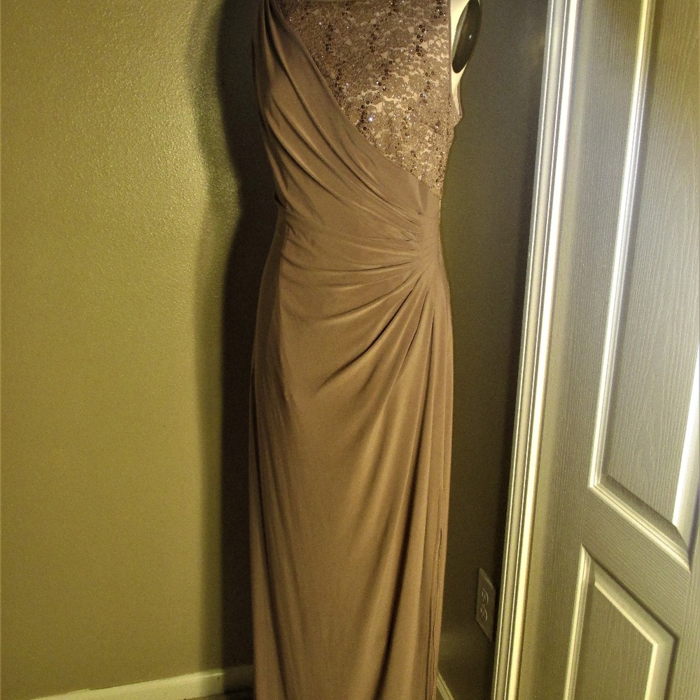 R & M Richards Tan Formal Gown  16